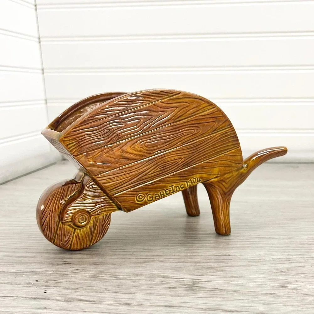 1974 Ceramic Wheelbarrow Plant Holder - Vintage Handmade Rustic Vase Signed Jo‎
